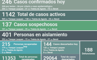COVID-19:  LOS CASOS ACTIVOS SON 1142, TRAS CONFIRMARSE HOY 246 CASOS, 215 PERSONAS RECUPERADAS Y OTROS 144 DESCARTADOS