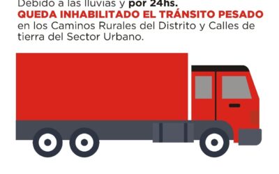 POR LAS LLUVIAS QUEDA INHABILITADO EL TRÁNSITO PESADO EN LOS CAMINOS RURALES Y EN LOS CAMINOS DE TIERRA URBANOS DEL DISTRITO