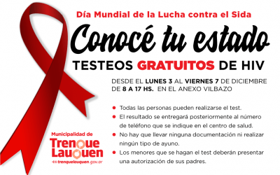 EL MUNICIPIO REALIZARÁ TESTEOS GRATUITOS DE HIV DURANTE TODA LA SEMANA QUE VIENE